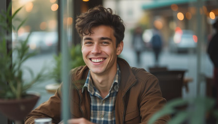 Cheerful young man smiling at a cafÃ©の素材