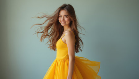 Joyful girl in a flowing yellow dress twirls with a radiant smileの素材
