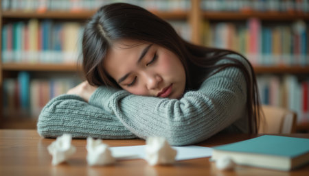 A young woman resting her head on her arms in a libraryの素材