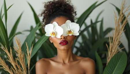 Woman with orchid glasses surrounded by lush greeneryの素材