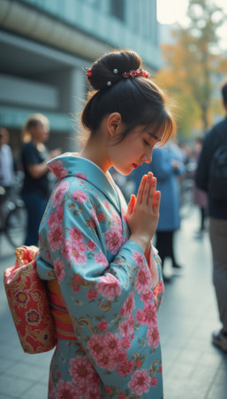 Young woman in a traditional kimono praying in a bustling streetの素材