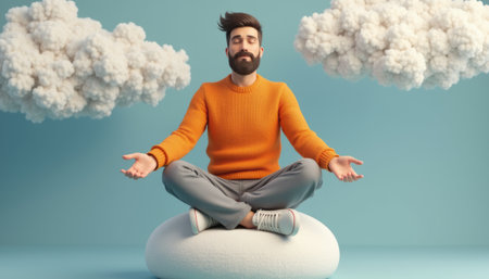 Man meditating peacefully on a cloudの素材