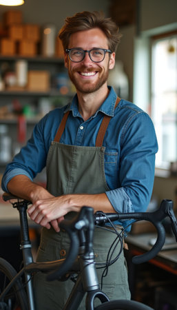Cheerful young man with glasses smiling in a bike shopの素材