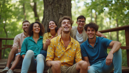 Joyful friends laughing together in a lush green forestの素材