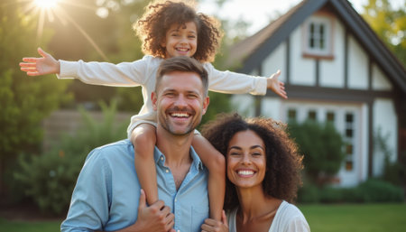 Joyful family enjoying a sunny day in their backyardの素材