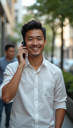 Smiling man talking on the phone in a city streetの素材