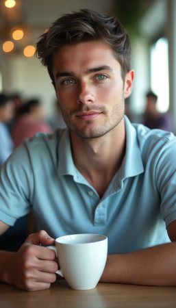 Thoughtful young man enjoying coffee in a cozy cafÃ©の素材