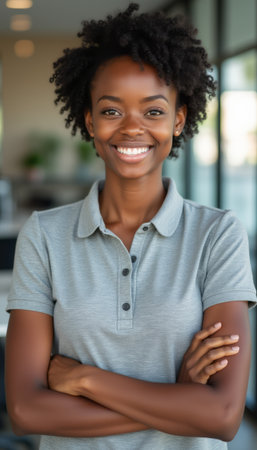 Confident woman smiling with arms crossedの素材