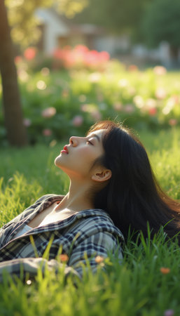 Serene woman enjoying nature in a sunlit gardenの素材