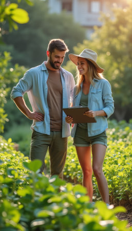 Happy couple reviewing plans in a lush green gardenの素材
