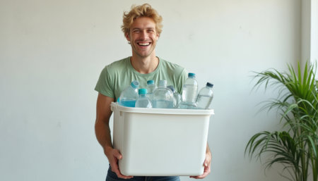 Cheerful man carrying a box of plastic bottles for recyclingの素材
