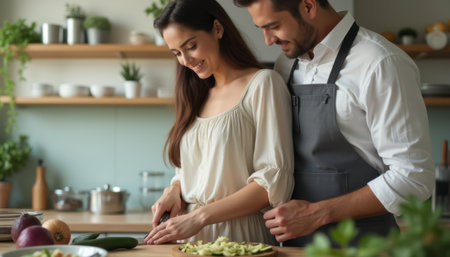 Couple cooking together in a cozy kitchenの素材