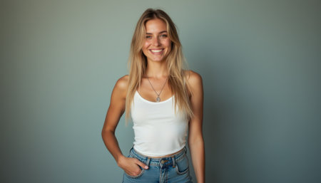 Smiling young woman in casual attire against a soft gray backgroundの素材