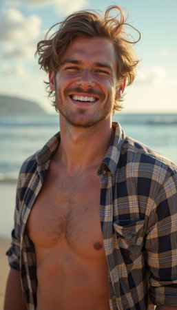 Smiling man enjoying a sunny beach dayの素材