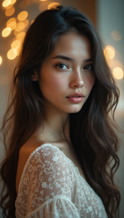 Captivating portrait of a young woman with flowing hairの素材