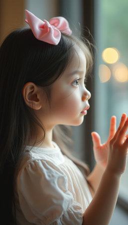 Thoughtful girl gazing out the windowの素材