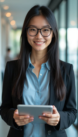 Confident young Asian woman holding a tabletの素材