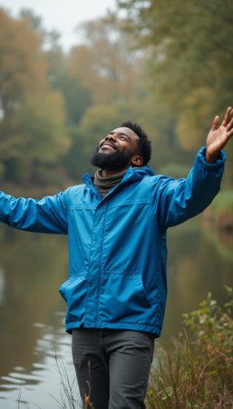 Joyful man embracing nature by the riverの素材