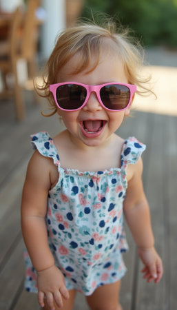 Joyful toddler wearing pink sunglassesの素材