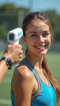 Smiling woman receiving a temperature check on a sunny tennis courtの素材