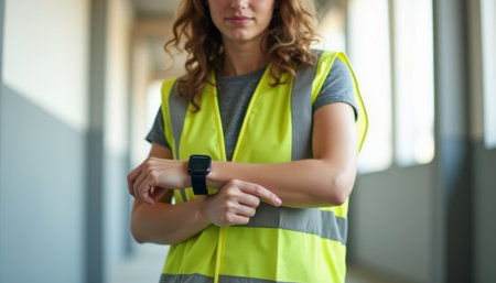 Confident woman in a safety vest checking her smartwatchの素材