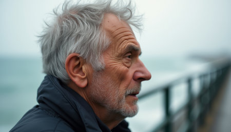 Thoughtful elderly man gazing at the oceanの素材
