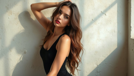 Elegant woman posing in soft sunlightの素材