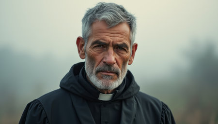 Serious elderly priest in a foggy landscapeの素材