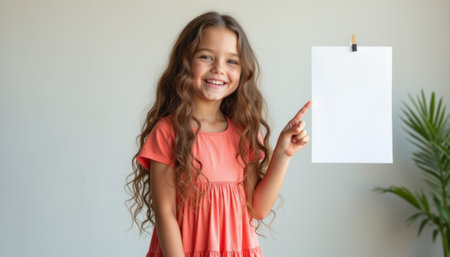 Cheerful girl pointing at a blank sheet of paperの素材