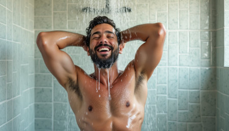 Joyful man enjoying a refreshing showerの素材