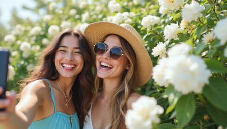 Two joyful friends taking a selfie in a blooming gardenの素材