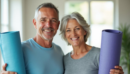 Happy senior couple holding yoga matsの素材