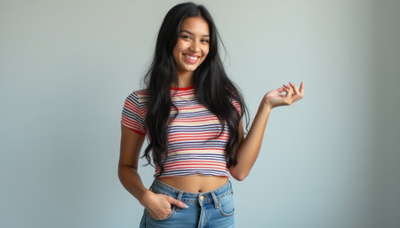 Cheerful young woman in striped top showcasing a playful poseの素材