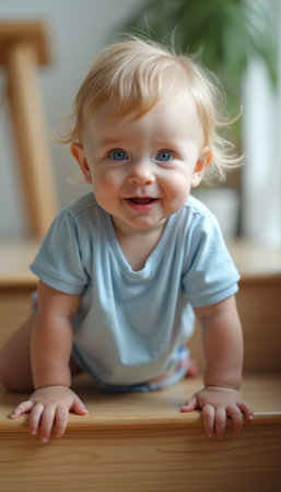 Adorable baby crawling on wooden stairsの素材