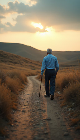 Elderly man walking along a winding path at sunsetの素材