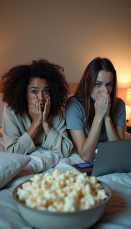 Two women anxiously watching a movie nightの素材