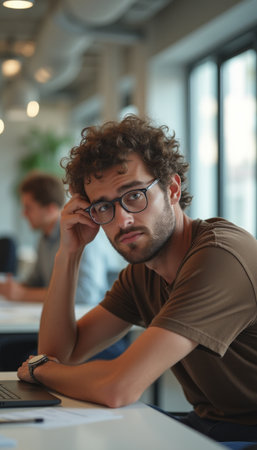 Thoughtful young man with curly hair in a modern workspaceの素材