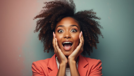 Joyful woman with curly hair expressing excitementの素材
