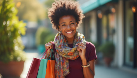 Joyful woman shopping with colorful bagsの素材