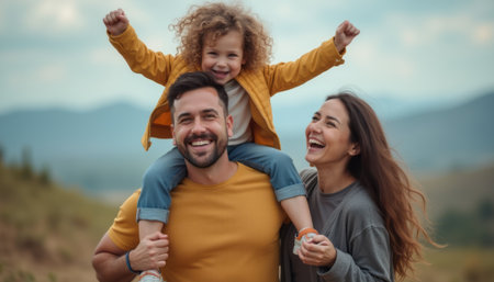 Joyful family celebrating together in natureの素材