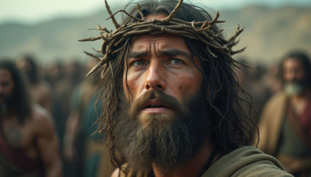 Intense portrayal of a man with a crown of thornsの素材