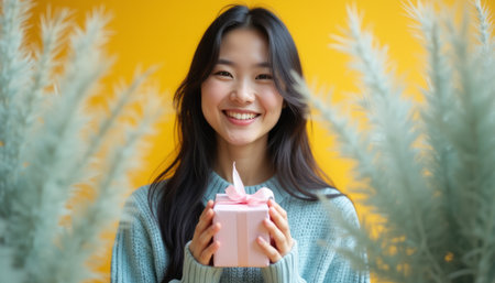 Joyful woman holding a gift against a vibrant yellow backdropの素材