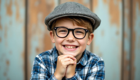 Cheerful boy in glasses and cap smiling brightlyの素材