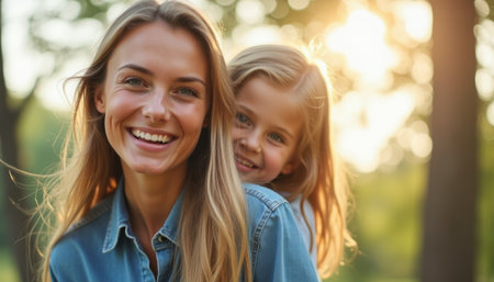 Joyful mother and daughter sharing a warm embrace in golden sunlightの素材