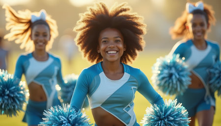 Joyful cheerleaders performing with vibrant pom-pomsの素材