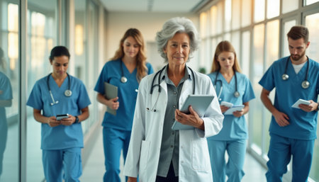 Confident healthcare team walking through a modern hospital corridorの素材