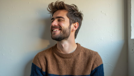 Joyful young man smiling against a light wallの素材