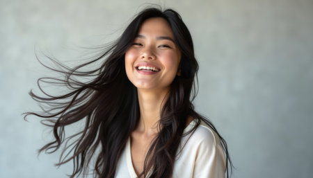 Joyful woman with flowing hair radiating happinessの素材