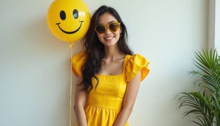 Cheerful woman in a yellow dress with a smiley balloonの素材
