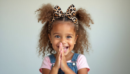 Joyful girl with curly hair and leopard print bowの素材